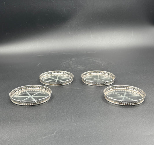 Set of 4 Sterling Silver Rimmed Glass Coasters – Pierced Gallery Edge, Star Cut Base