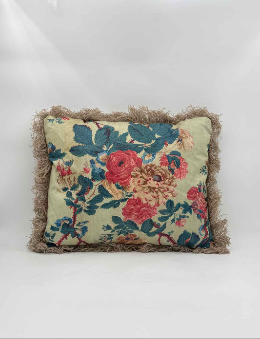 Antique 19th Century French Chintz Decorative Pillow with Linen Trim