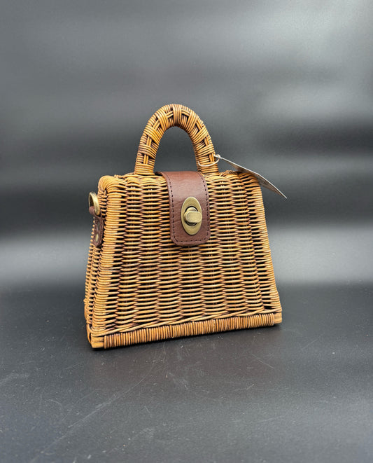 Petite Balinese Rattan Purse Handbag Detachable Leather Strap Bag