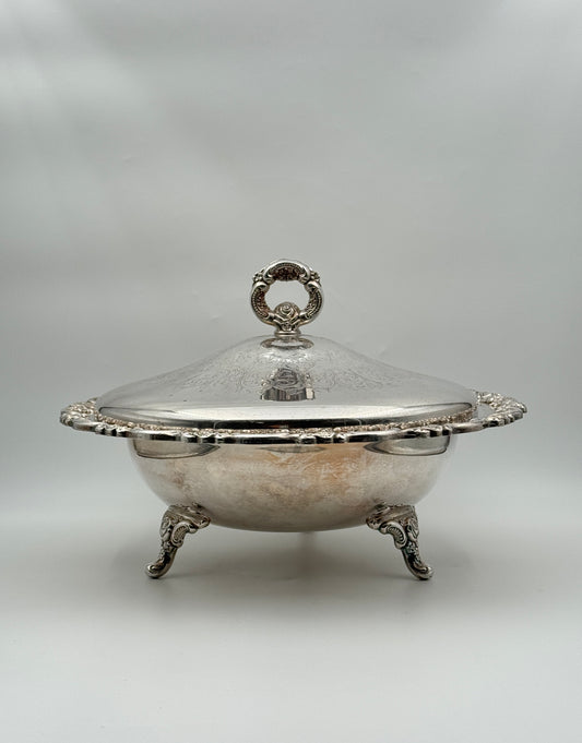 Ornate Silverplate Covered Serving Bowl with Glass Insert – Footed
