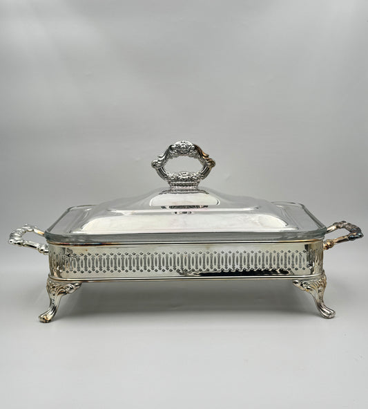 Silverplate Footed Casserole Dish with Lid & Glass Insert – Ornate Handles