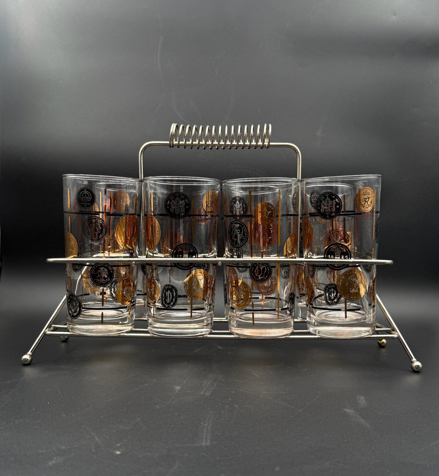 Mid Century Modern Libbey "Old Coin" Highball Glasses With Carrier