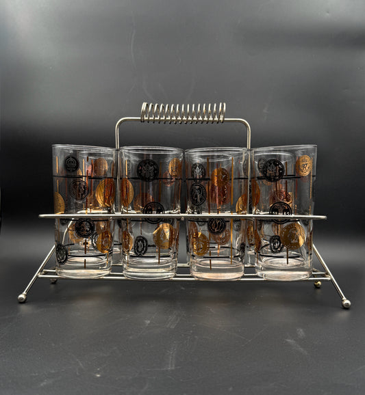 Midcentury Modern Libbey "Old Coin" Highball Glasses With Carrier