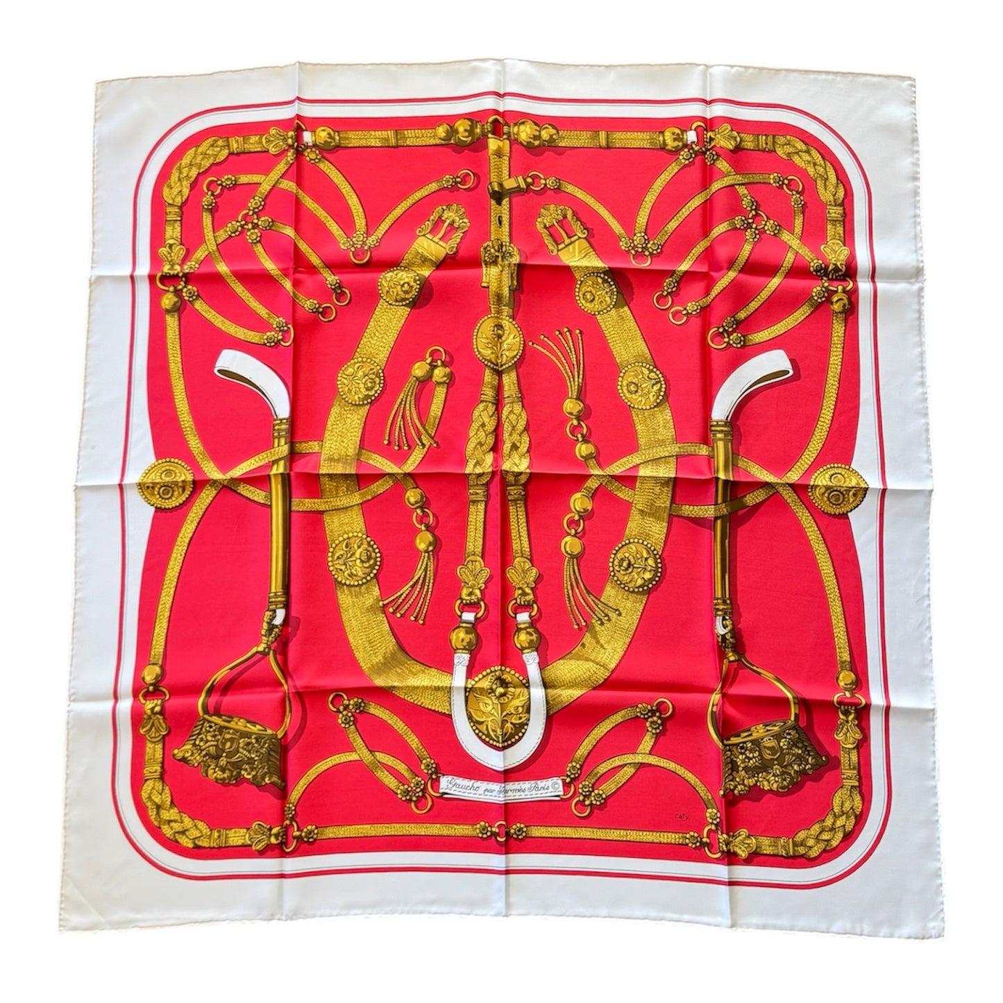 Hermès Silk Scarf “Gaucho” by Caty Latham – Red, Cream & Gold Motif