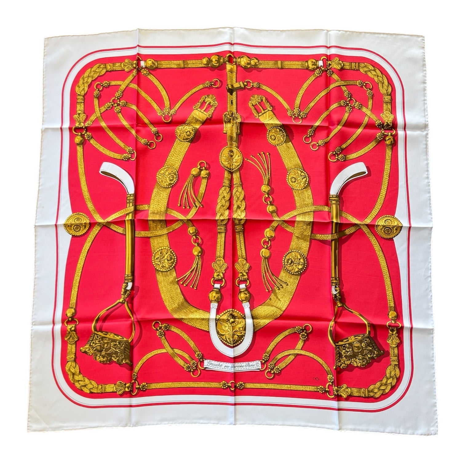 Hermès Silk Scarf “Gaucho” by Caty Latham – Red, Cream & Gold Motif