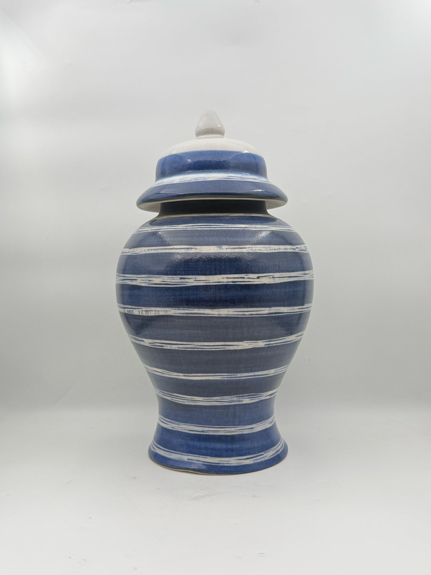 Large Blue And White Striped Ginger Jar
