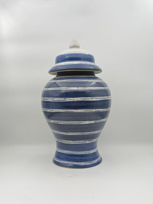 Large Blue And White Striped Ginger Jar