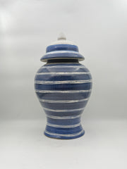 Large Blue And White Striped Ginger Jar