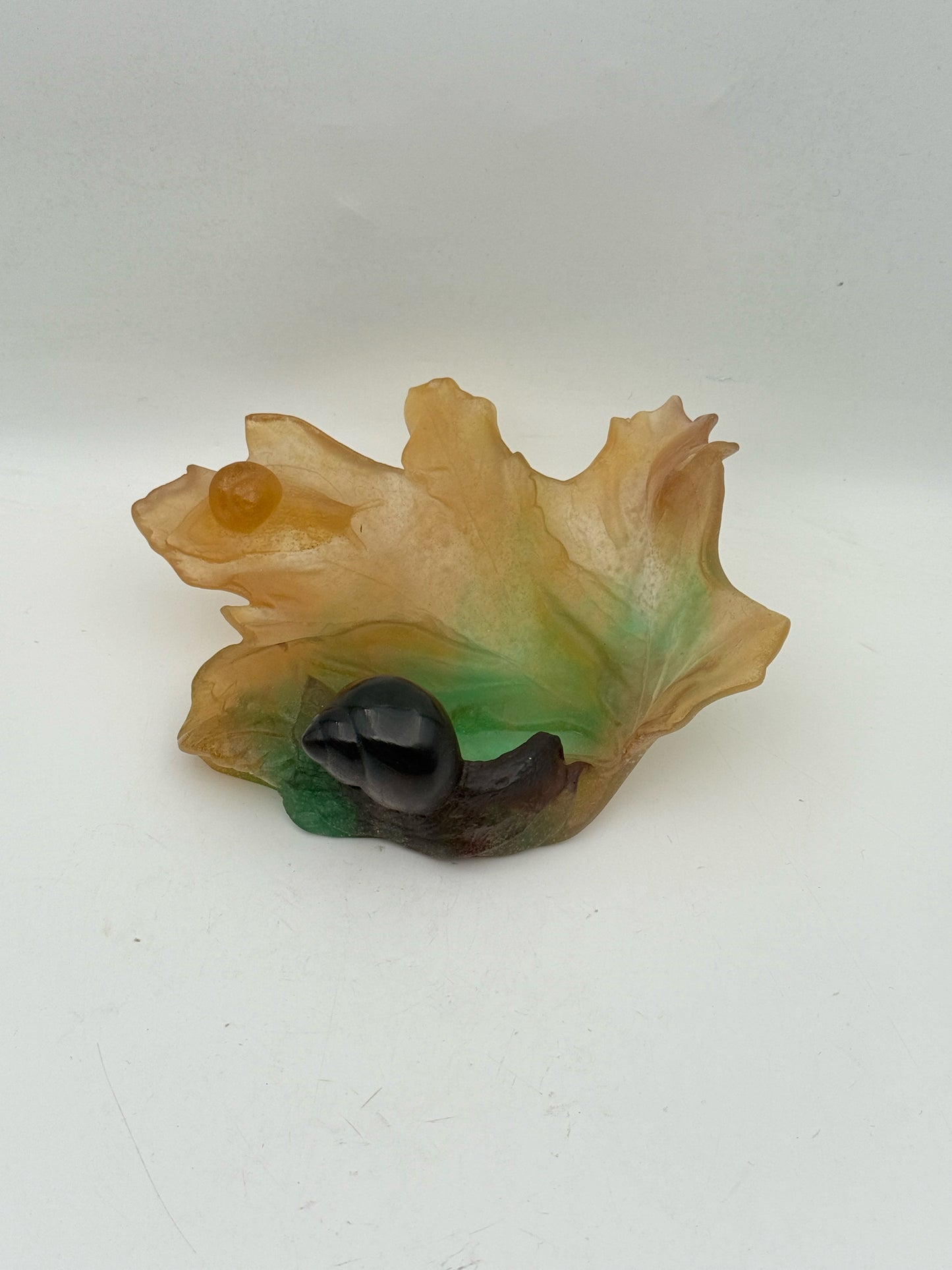 Daum France Pate de Verre Art Glass Maple Leaf And Snail Dish