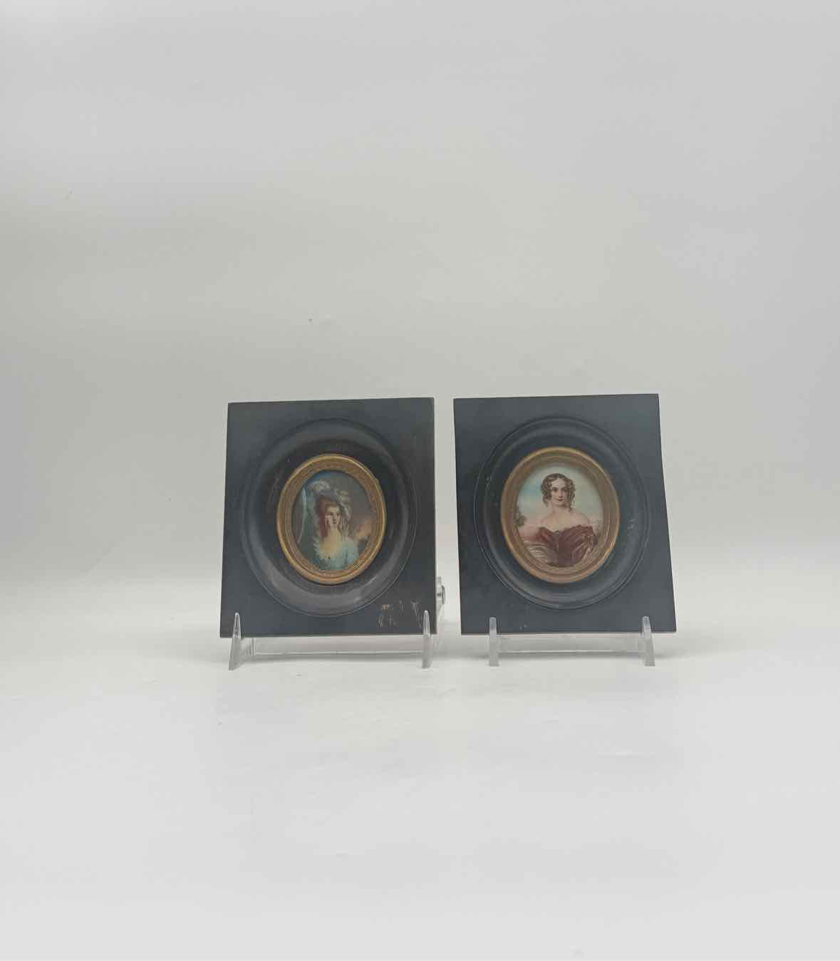 Pair Of Antique Victorian Miniatures In Ebony And Brass Frames