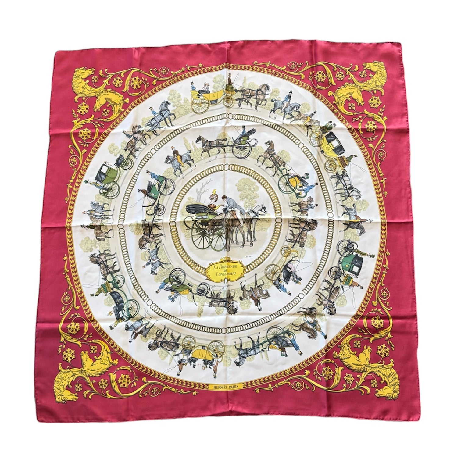 Hermès Silk Scarf “La Promenade de Longchamps” Philippe Ledoux Red