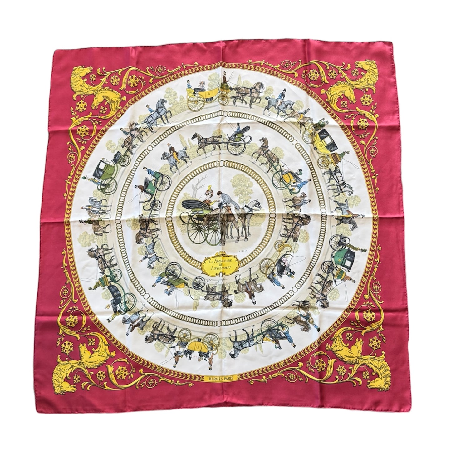 Hermès Silk Scarf “La Promenade de Longchamps” Philippe Ledoux Red