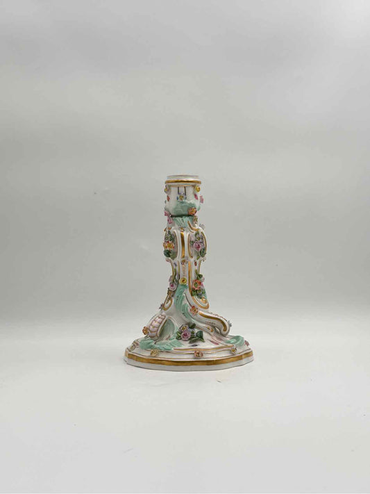 Meissen Porcelain Single Candleholder with Flowers & Rococo Scrollwork