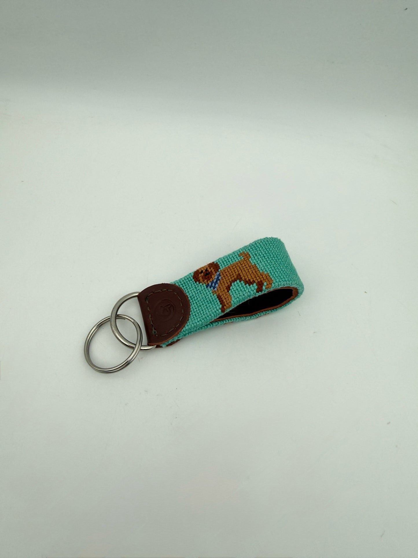 Needlepoint Keychain- Blue With Brown Dog