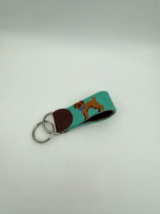 Needlepoint Keychain- Blue With Brown Dog