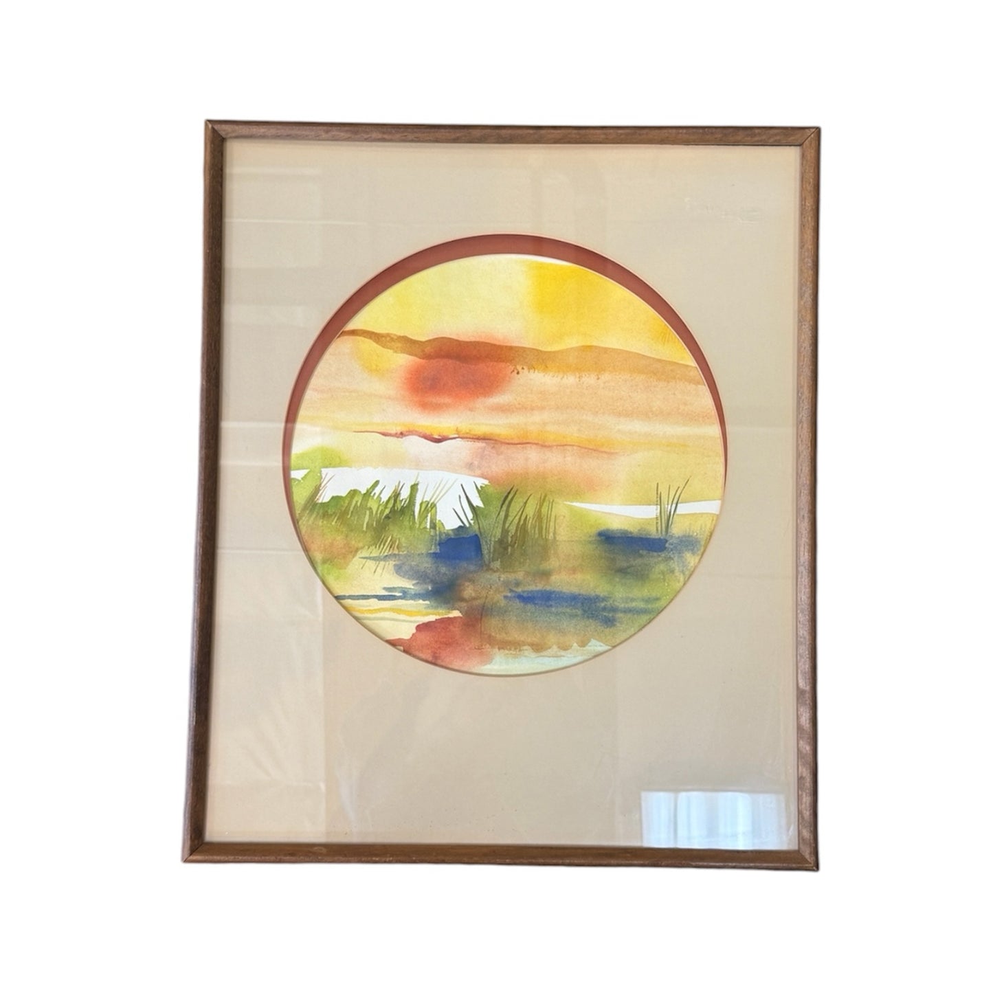 Framed Midcentury Modern Style Watercolor Landscape