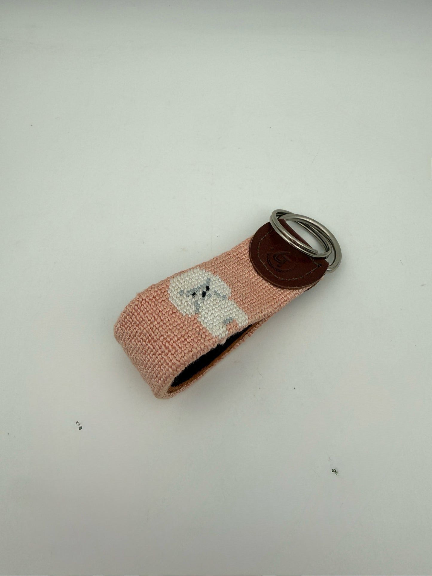 Needlepoint Keychain- Pink With White Dog