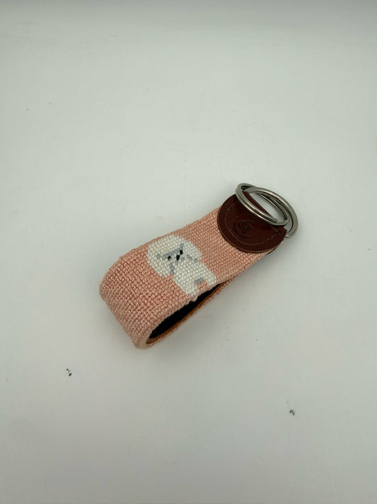 Needlepoint Keychain- Pink With White Dog