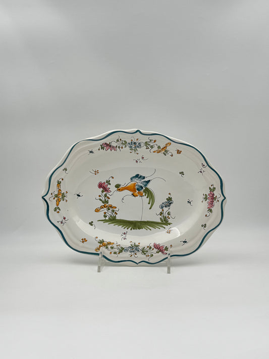 French Moustiers Hand-Painted Faience Platter – Bird & Floral Motif