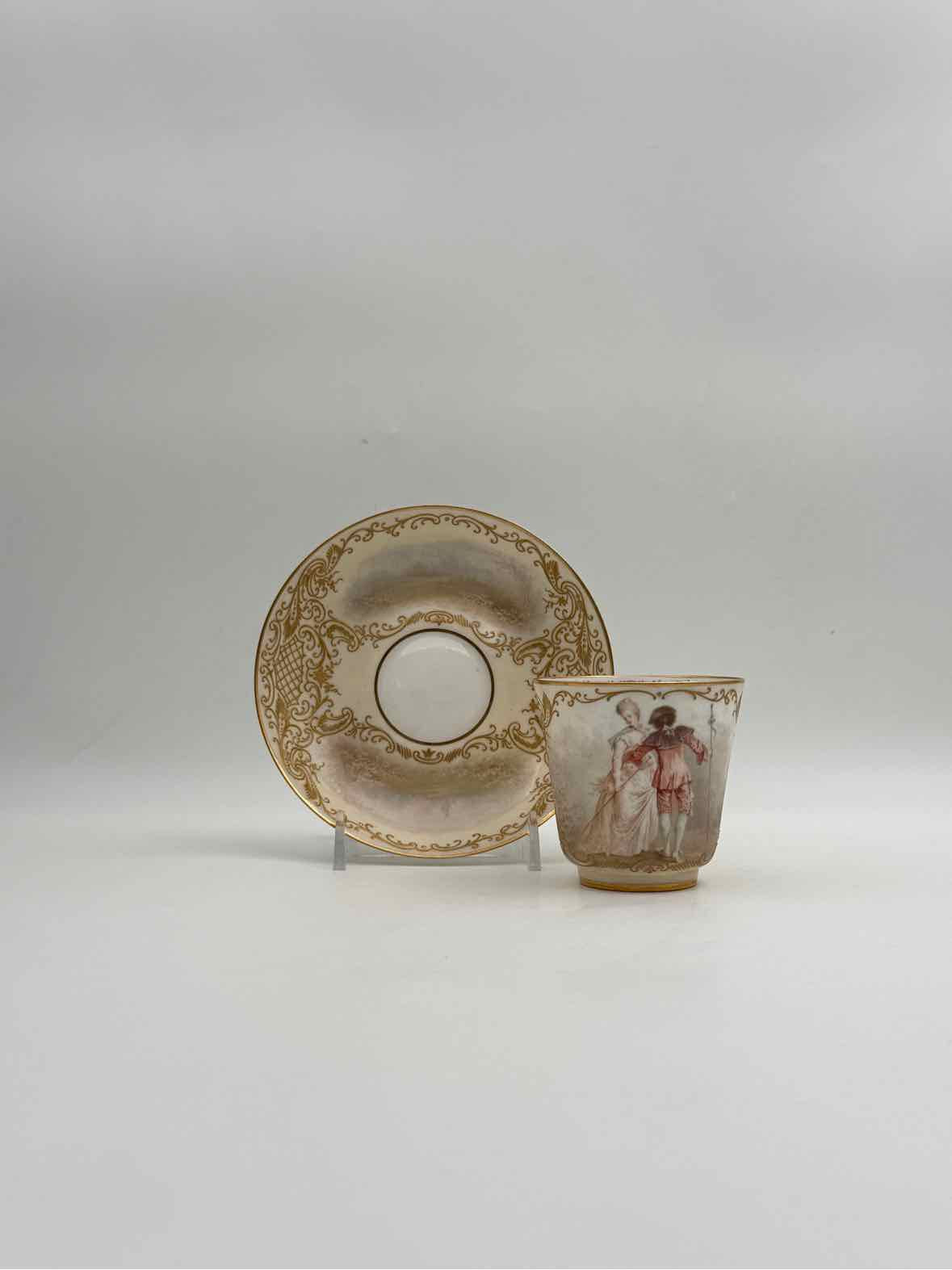 Antique 1900 Sevres Lovers Series Set Of Five Handpainted Teacups And Saucers