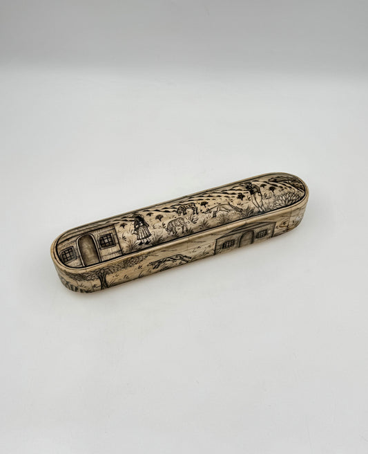 Bone Pencil Box with Village Scenes