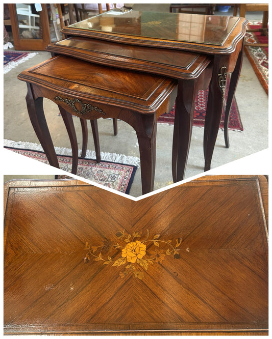 Set of 3 Antique Nesting tables with Glass and inlay on top c.1930s 23W X 14D X 24H