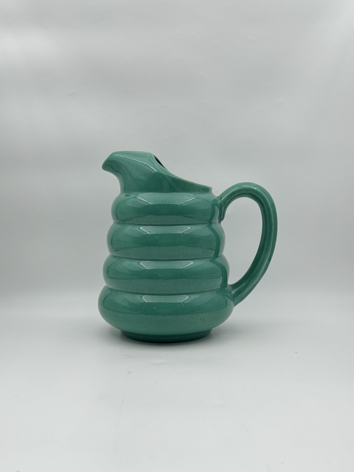 Mid-Century Padre Pottery Ribbed Pitcher – Marked “258” – Glossy Green