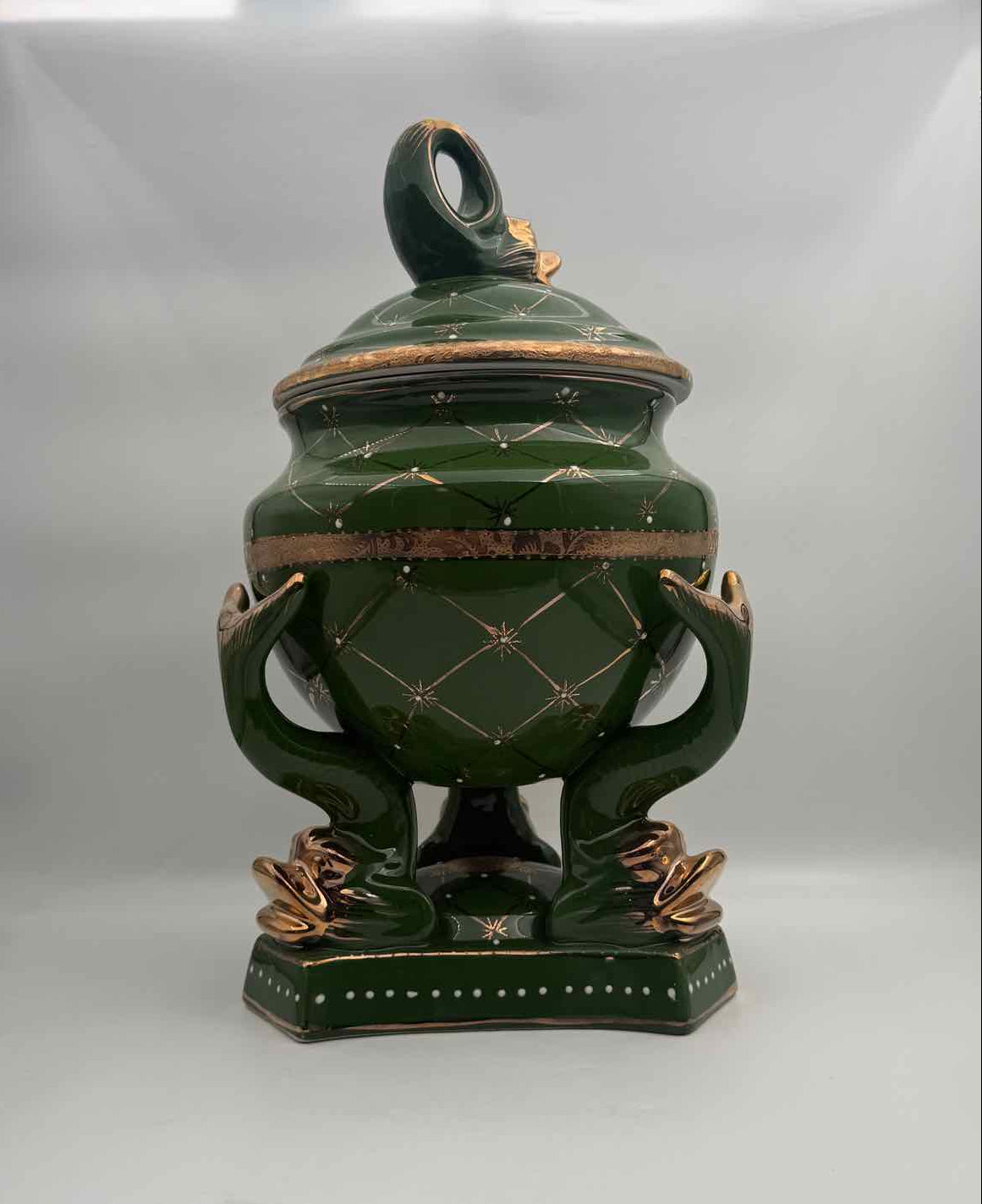 Vintage Green Gold Fish Tureen with Lid Ceramic Serveware