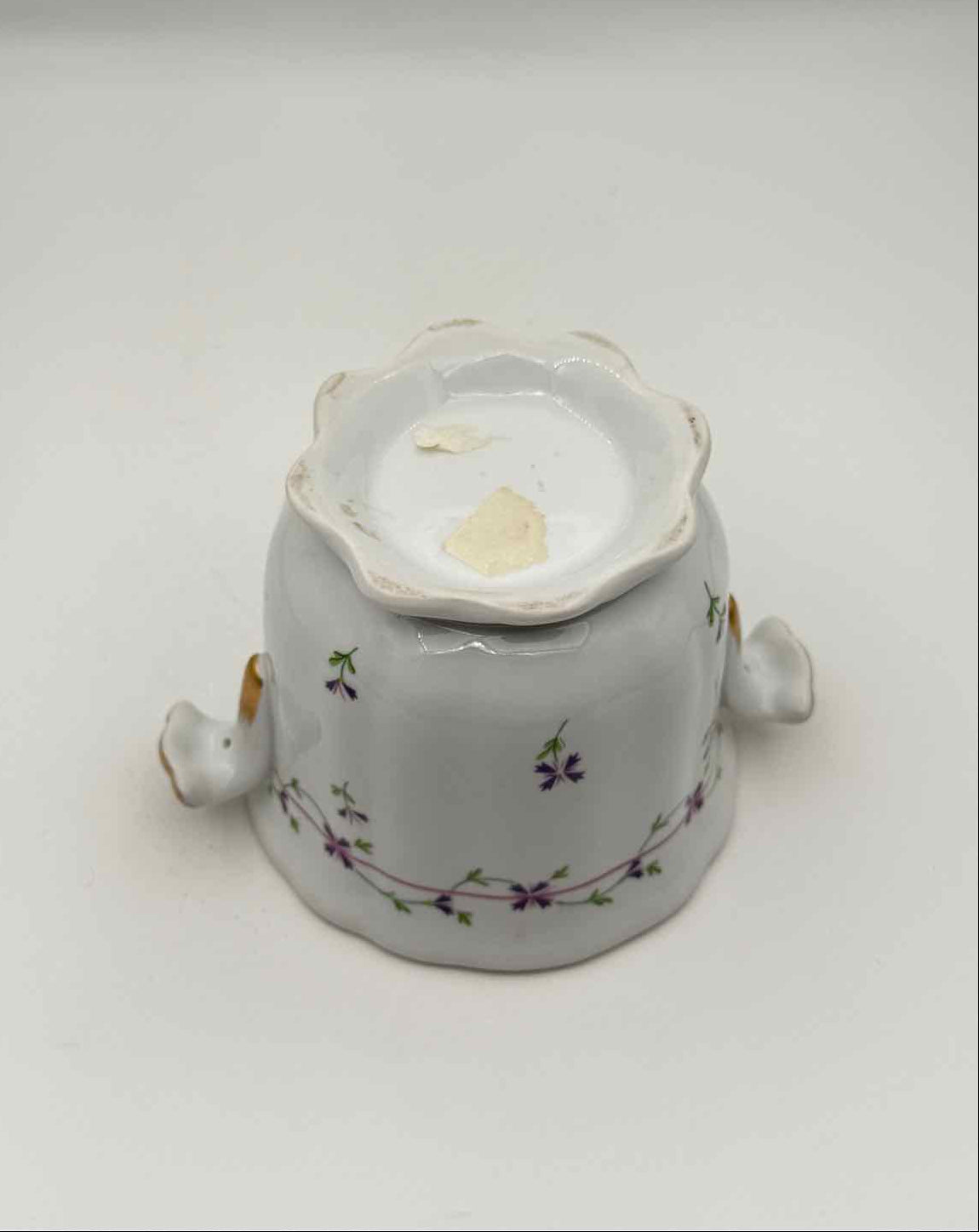 White Porcelain Cachepot Purple Floral Gold Handles Planter Decor Arts