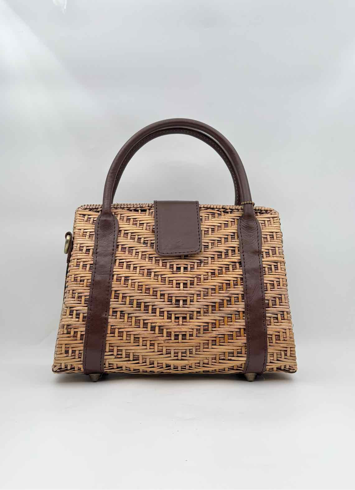 Ata Rattan Top Handle Shoulder Bag Leather Trim Woven Handbag Natural