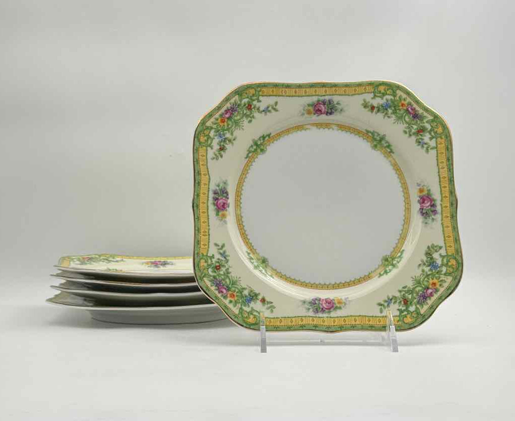 Vintage KPM Green Floral Square Plates Set of 5 Germany Porcelain