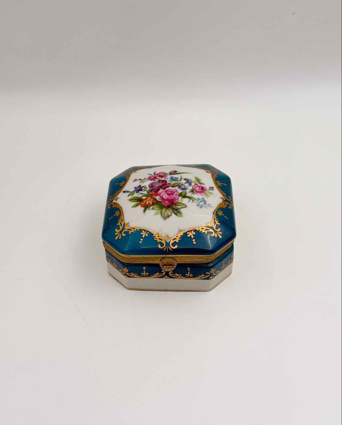 Vintage Octagonal Turquoise Floral Porcelain Trinket Box Gold Trim