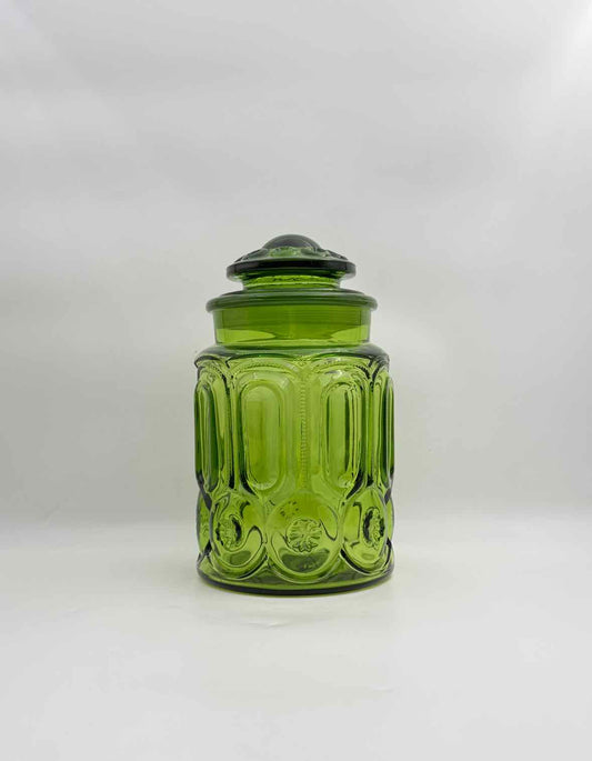 Vintage LE Smith Green Moon Stars Glass Canister Jar Decor