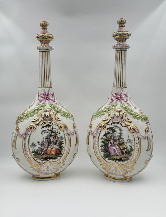 Pair of Berlin (KPM) Hand-Painted Porcelain Vases with Stoppers – Courting Scene, 19th Century