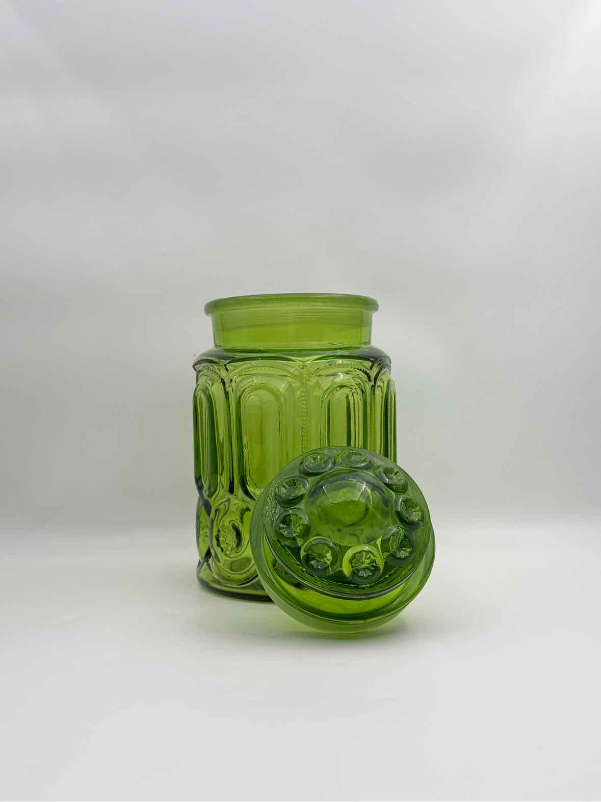 Vintage LE Smith Green Moon Stars Glass Canister Jar Decor