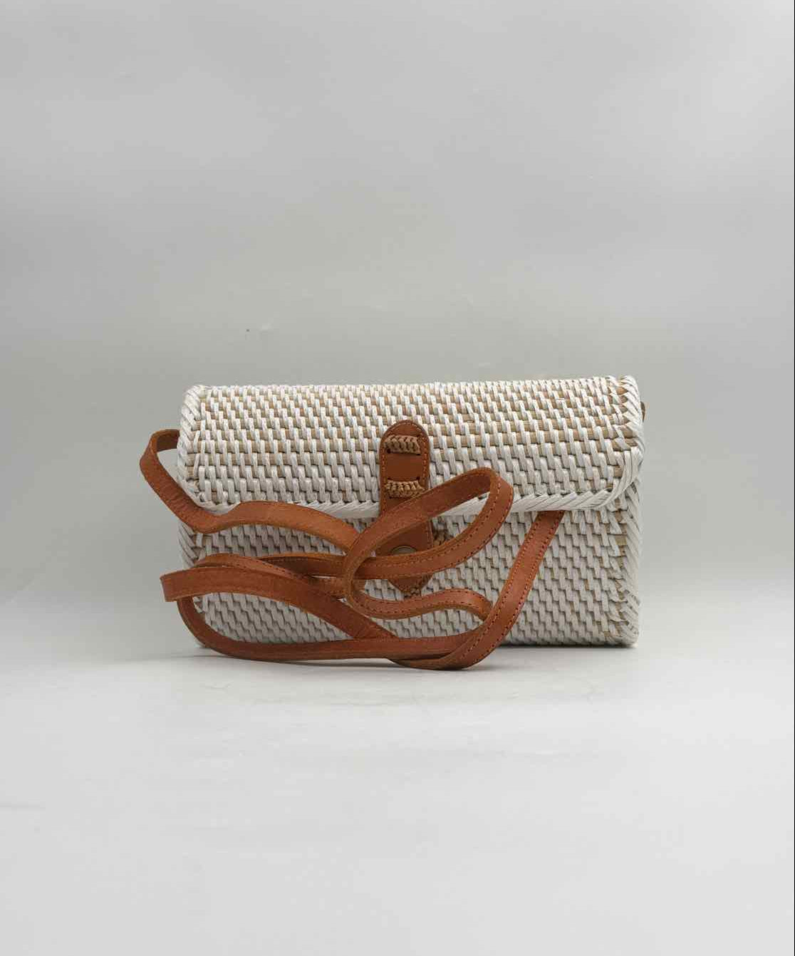 Whitewash Rattan Clutch Handbag Purse With Leather Strap Crossbody