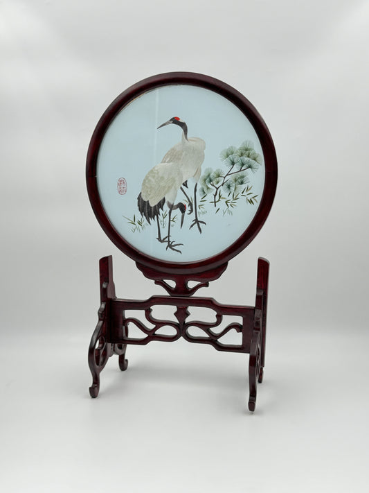 Chinese Embroidered Table Screen with Wooden Stand – Cranes & Pine Design