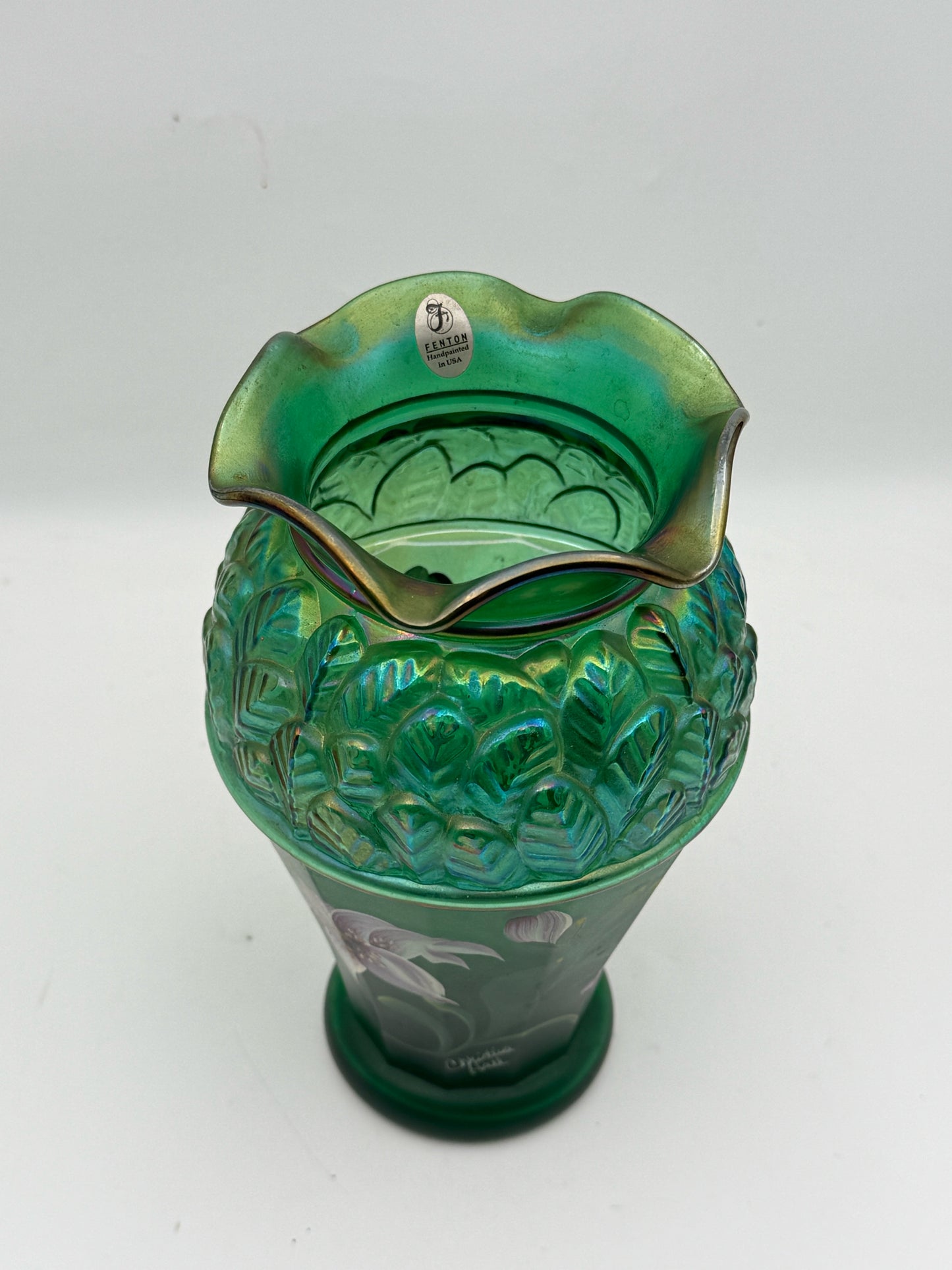 Fenton Handpainted Green Vase By Christina Hall