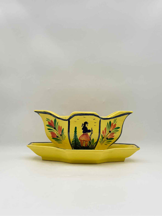 HB Quimper Soleil Yellow Gravy Boat with Attached Underplate – France