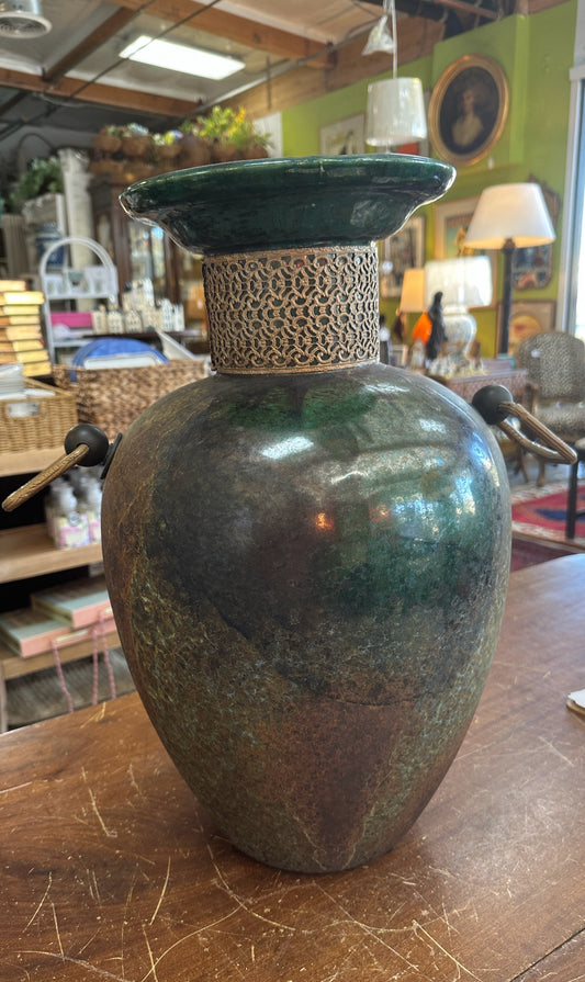Gallery Pot w/ Handles - Ceramic Green/Black Tones 25" H