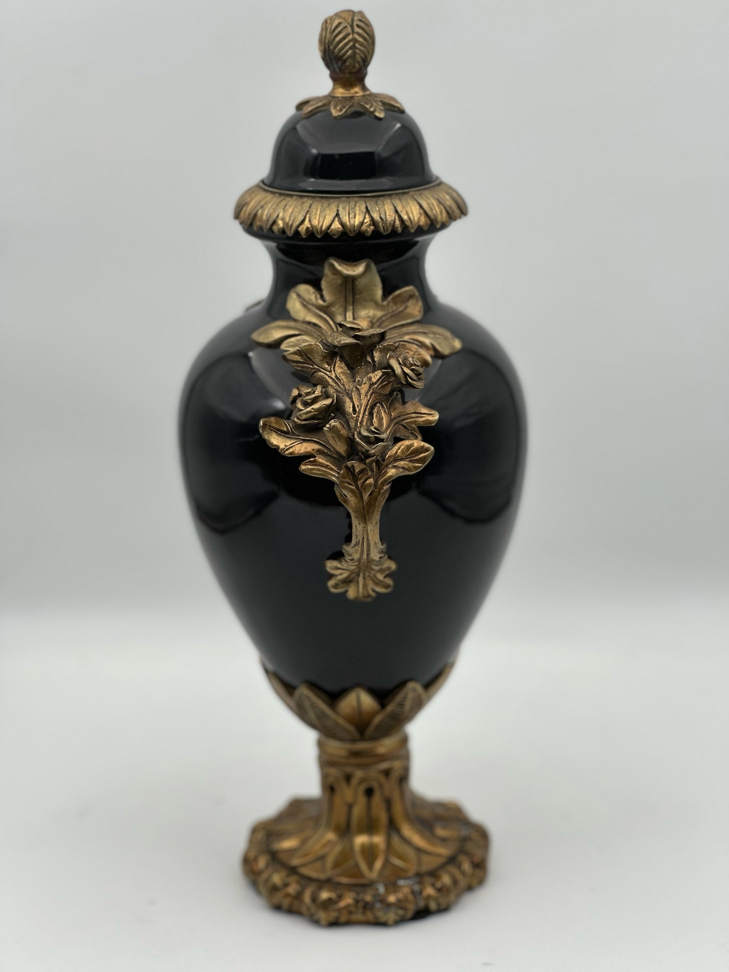 Neoclassical Black Ceramic Urn with Gilded Ormolu Style Handles and Pedestal Bas