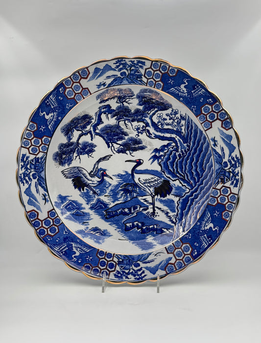 Large Imari Blue & White Platter with Gold – Crane Pattern, Scalloped Edge