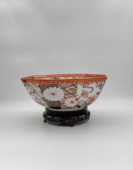 Japanese Porcelain Octagonal Bowl with Stand – Floral & Geometric Imari Design, Gold Trim