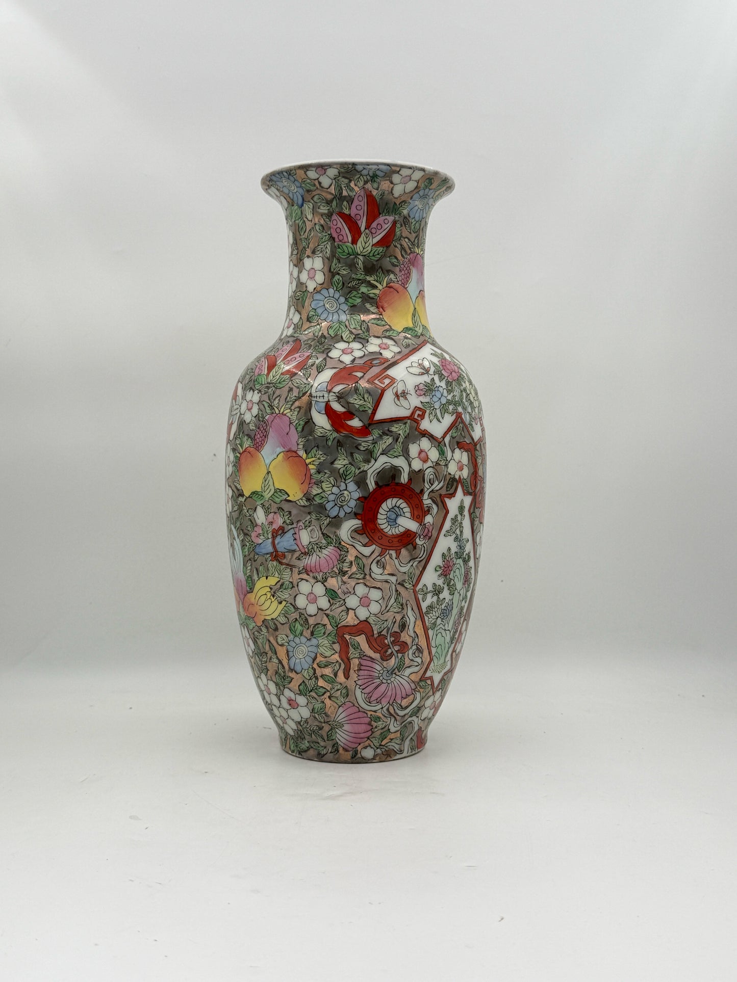 Vintage Chinese Famille Rose Silver Porcelain Vase