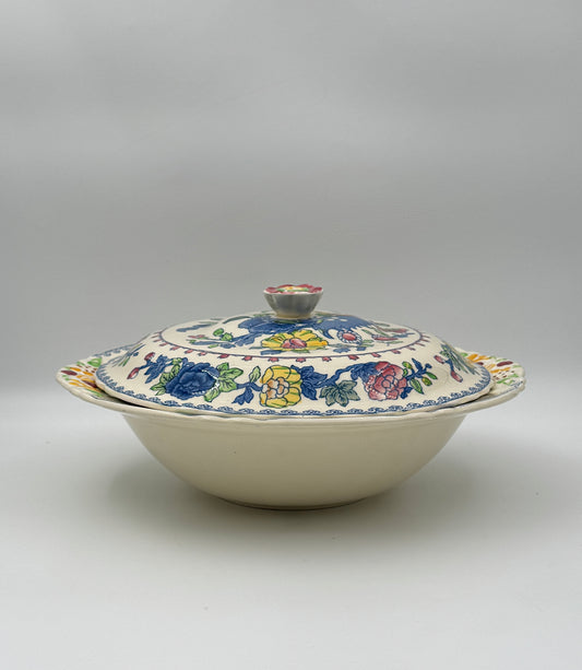 Mason’s Ironstone Covered Bowl – “Regency” Pattern – Colorful Floral Transferware with Associated Lid