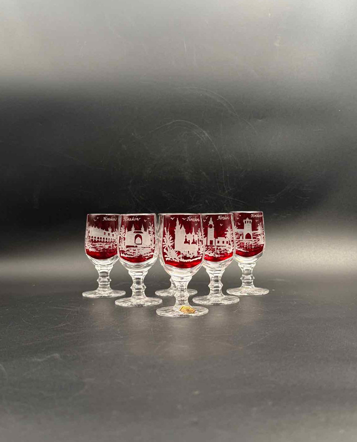 Vintage Handcut Krakow Poland Red Sherry Glasses Set of 6