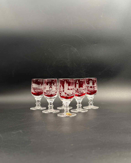 Vintage Handcut Krakow Poland Red Sherry Glasses Set of 6