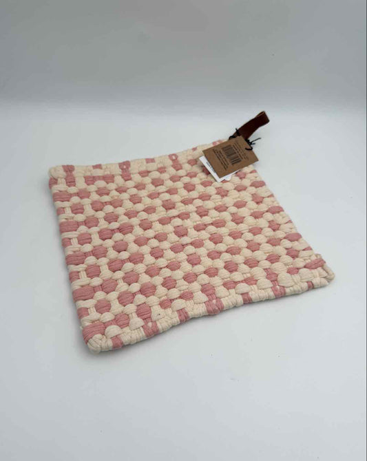 Pink Woven Potholder With Leather Loop Kitchen Heat Pad Holder