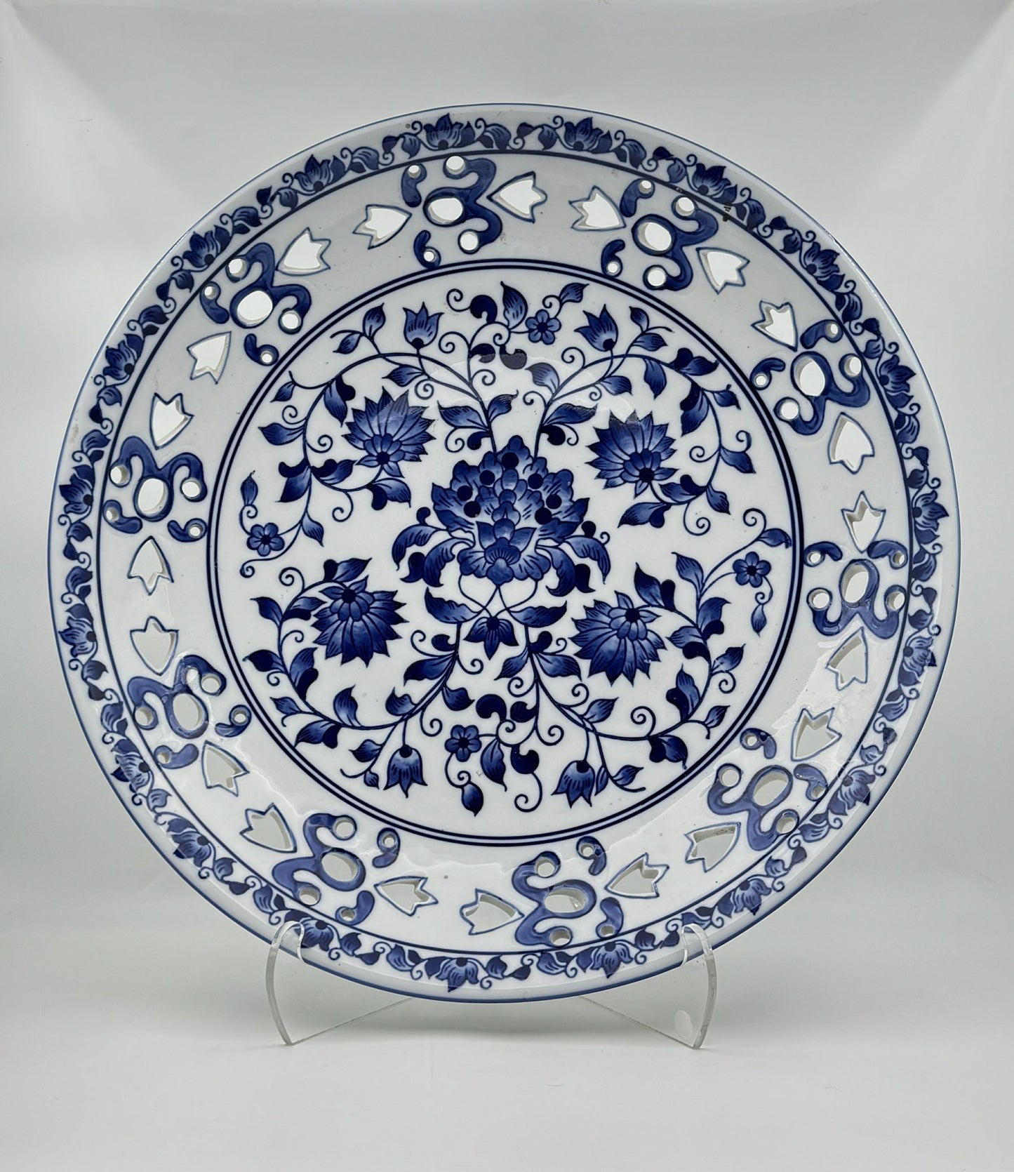 Chinese Blue & White Pierced Rim Platter Floral Medallion Porcelain