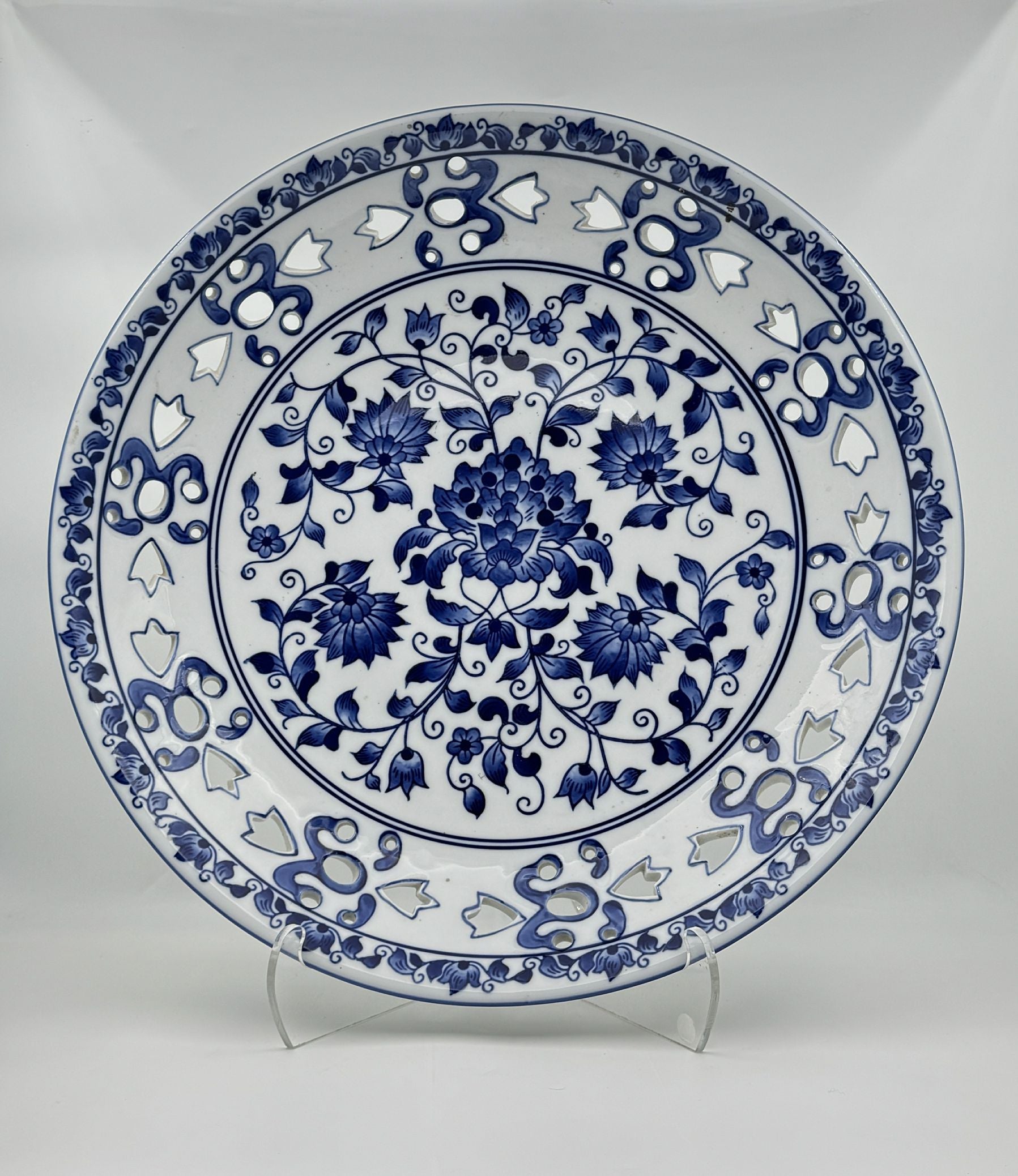 Chinese Blue & White Pierced Rim Platter Floral Medallion Porcelain